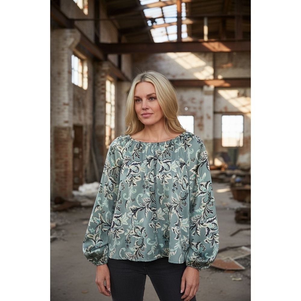 LOFT Petites Sage Green Floral Paisley Elastic Neck Long Sleeve Blouse 168 - Picture 1 of 6
